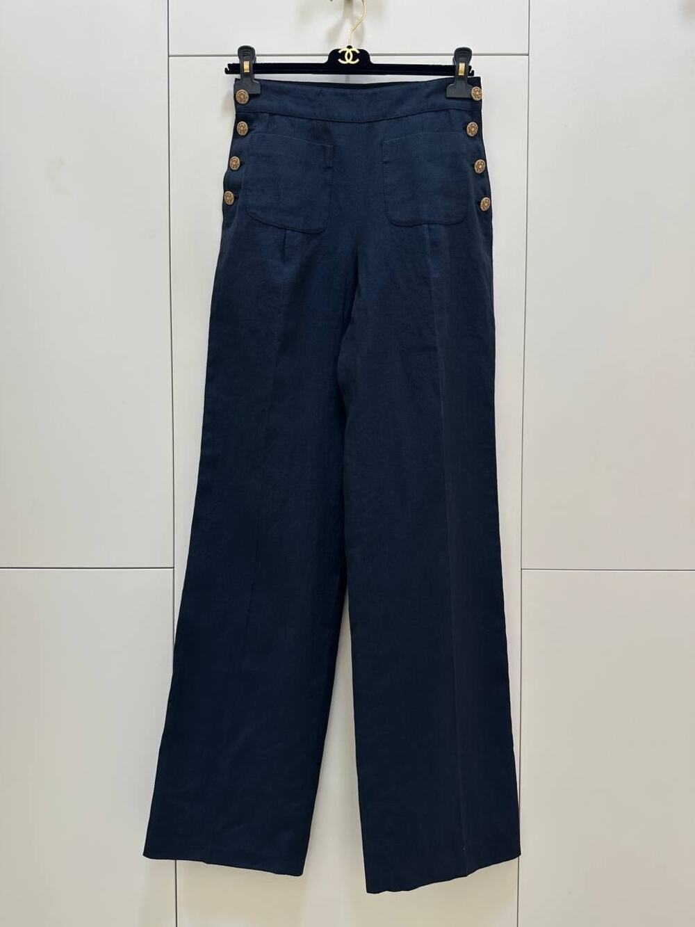 CHANEL Vintage Navy Linen Wide Leg Pants FR 38